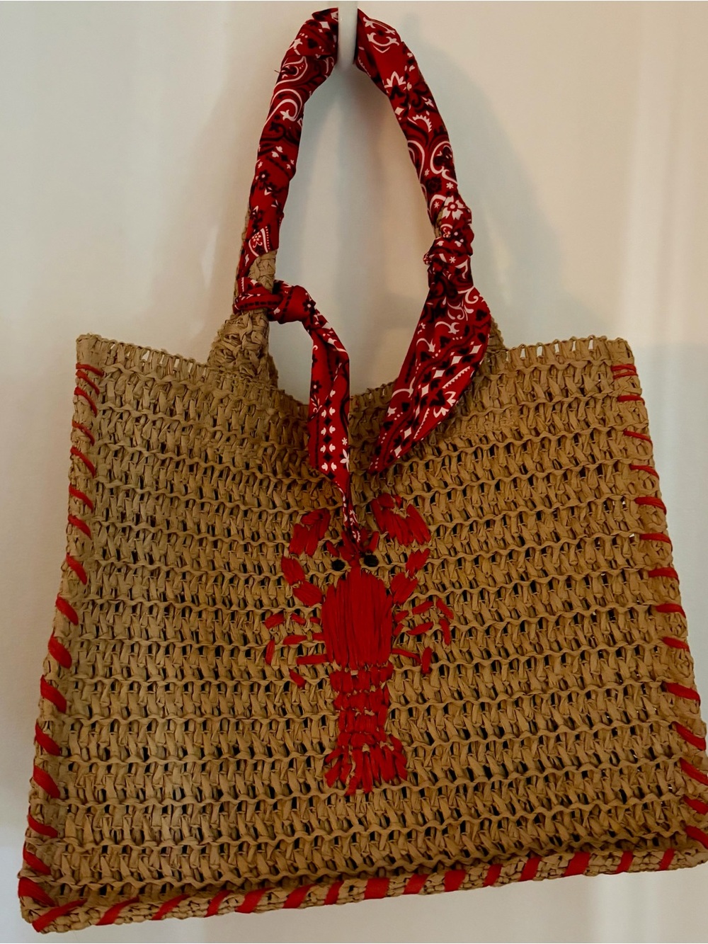 Time and Tru Natural Straw Tote with Red Lobster and Red Bandana Handles